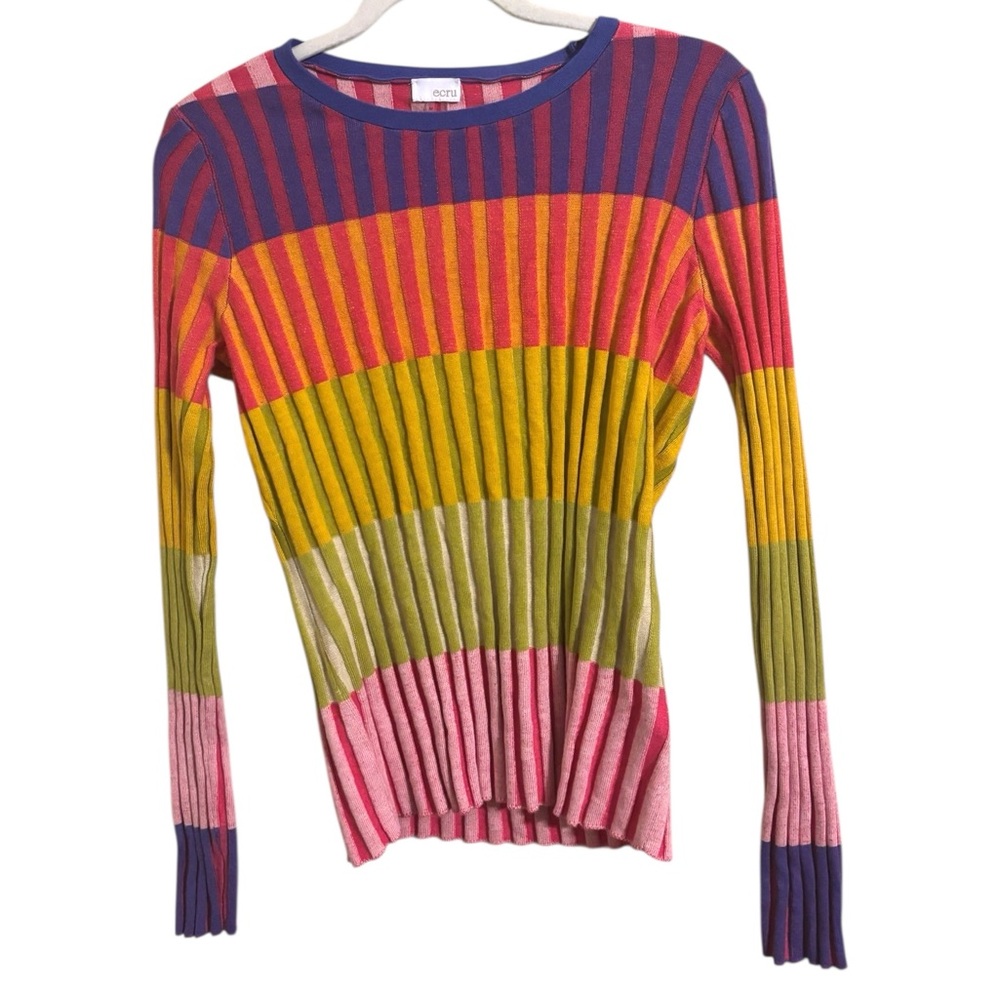 Ecru Colorblock Multicolor Rib Crew Neck Sweater Medium - Picture 2 of 10